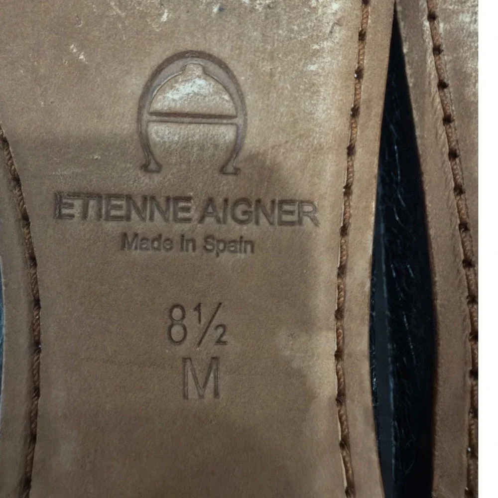 Etienne Aigner Black Crinkle Patent Studded Leather‎ Loafers Made in Spain 8.5 M